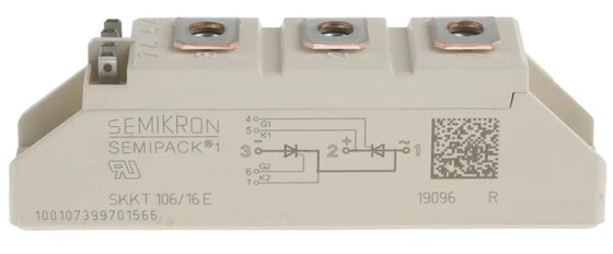SKKT106/16E 1600V 106A โมดูลไทริสตอร์คู่ VF 1.35V 2.4kA ความดันแรงสูง AlN เครื่องติดต่อความดันฐานเซรามิก SEMIPACK1 การรับรอง UL ที่แยกตัวสําหรับเครื่องเริ่มต้นและเครื่องขับเคลื่อนอ่อน