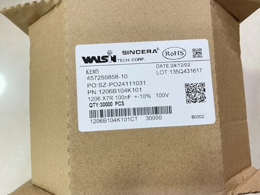 1206B104K101CT – MLCC ขนาด 1206 ไดอิเล็กทริก X7R 0.1µF ±10% พิกัด 100V ESR ต่ำ ช่วงอุณหภูมิ -55°C ถึง +125°C เหมาะอย่างยิ่งสำหรับการดีคัปปลิ้งและการกรองพลังงาน